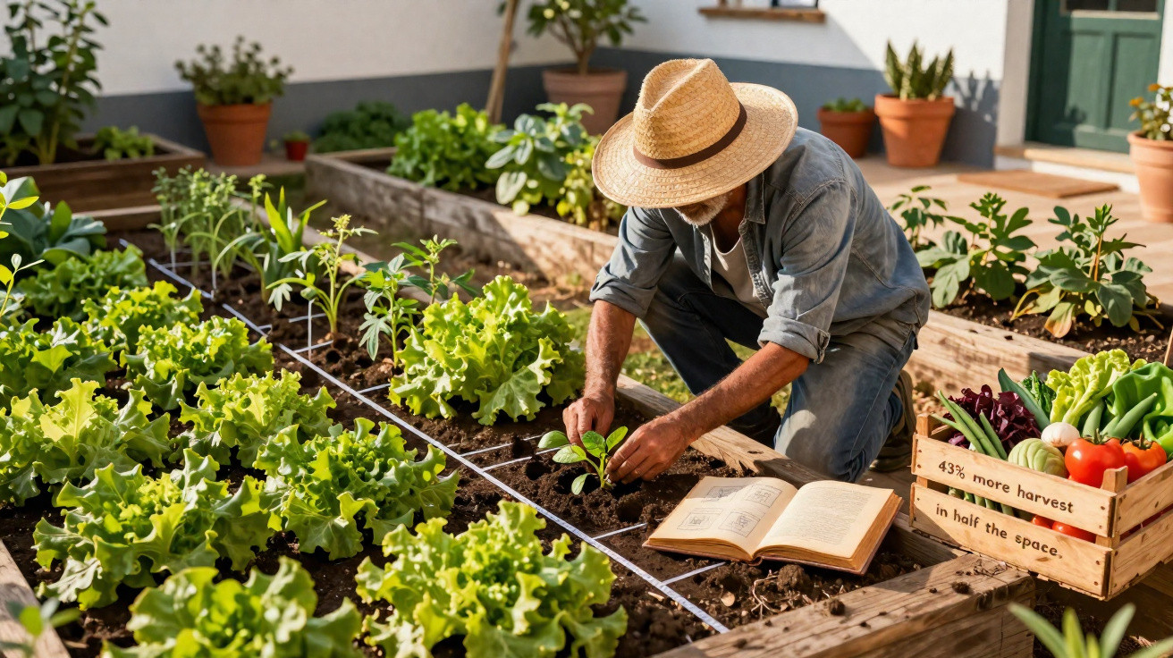 Homem com chapéu plantando hortaliças em canteiros elevados de jardim ensolarado.