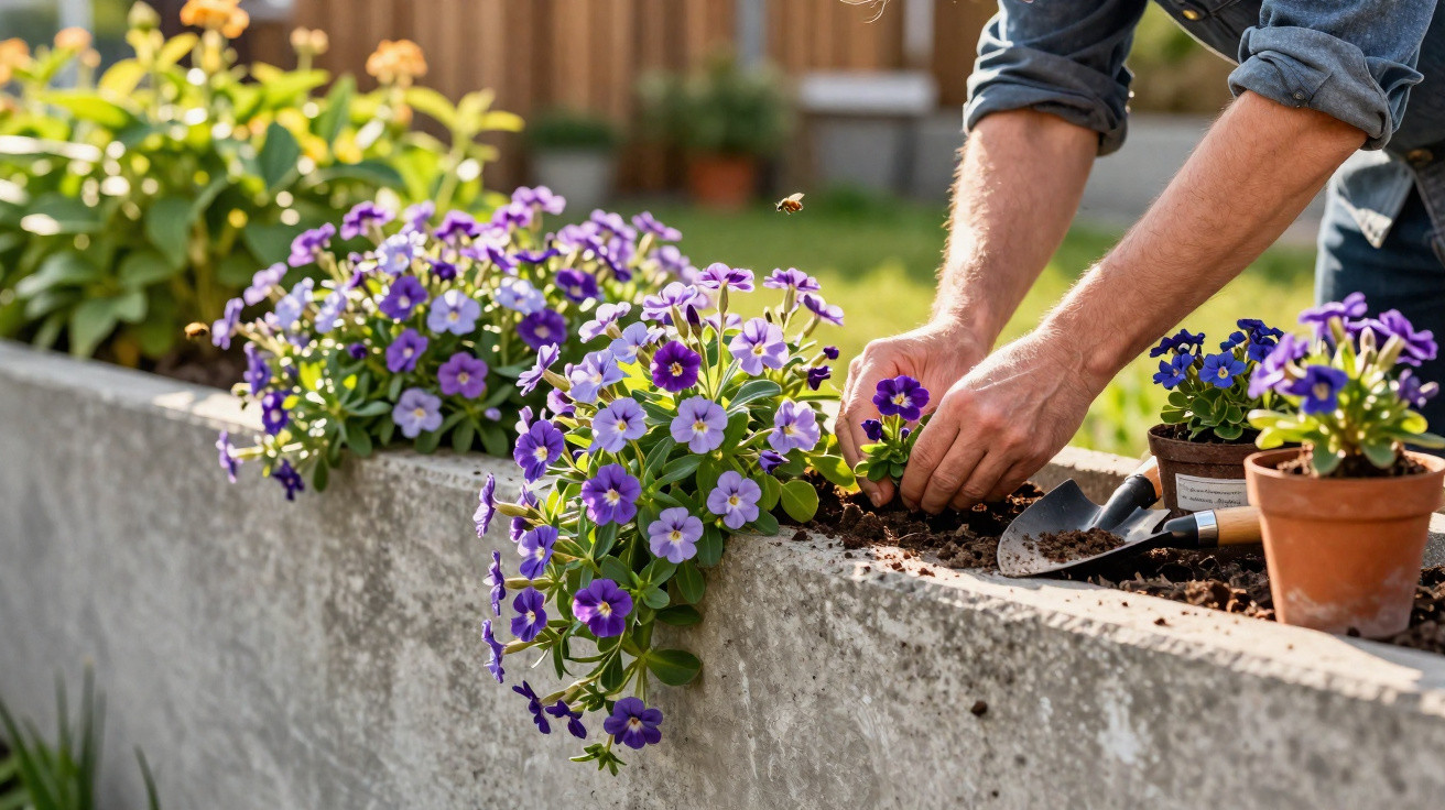 Pessoa plantando flores roxas em vaso de concreto em jardim, com ferramentas de jardinagem ao lado.