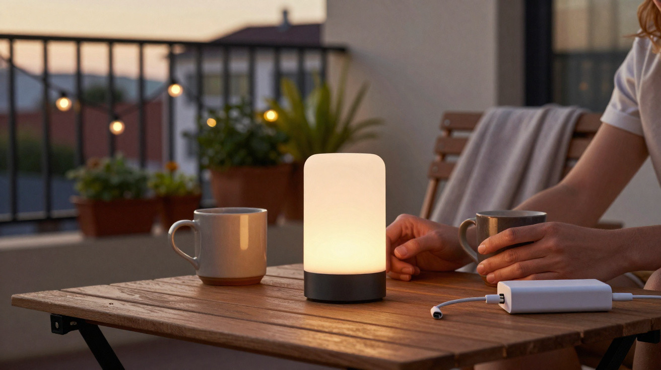 Pessoa sentada em mesa de madeira com luminária acesa, canecas e carregador na varanda ao entardecer.