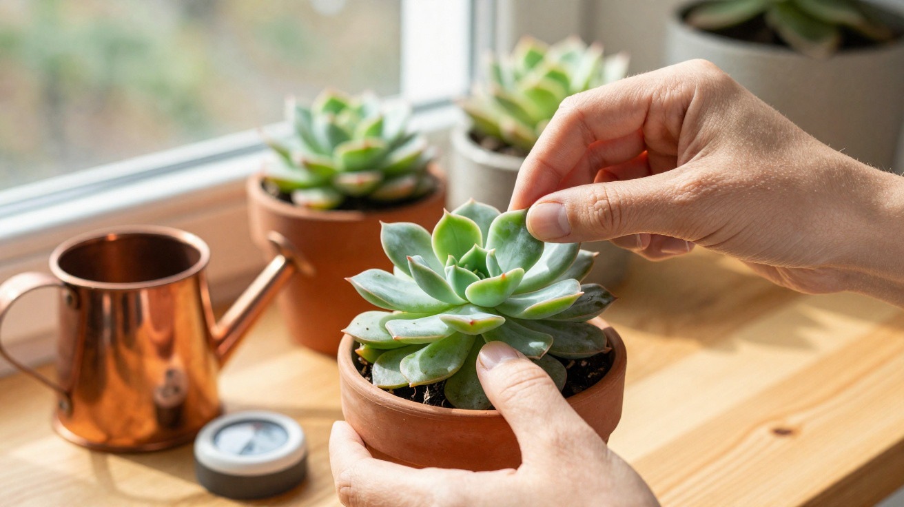 Mãos cuidando de suculenta em vaso de barro perto de regador e janela com luz natural.