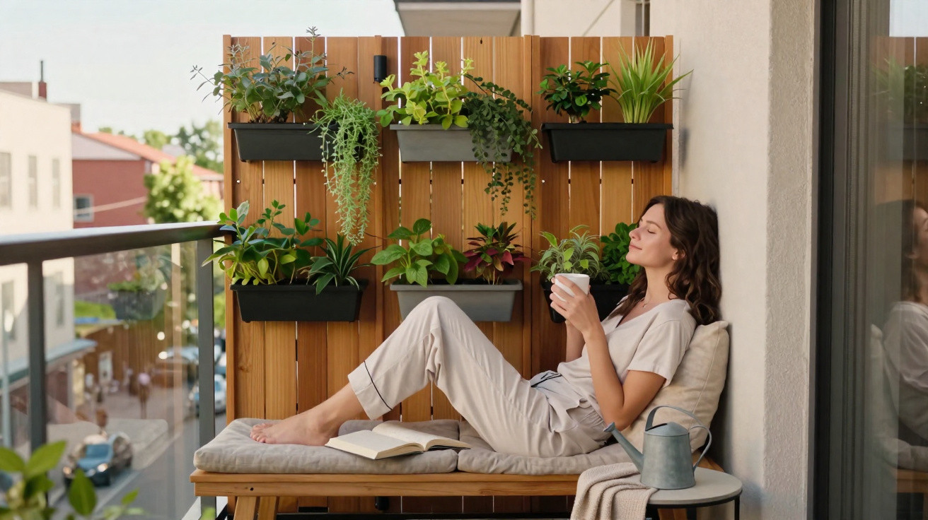 Mulher relaxando em varanda com plantas, lendo livro e segurando xícara, sentada em banco acolchoado.