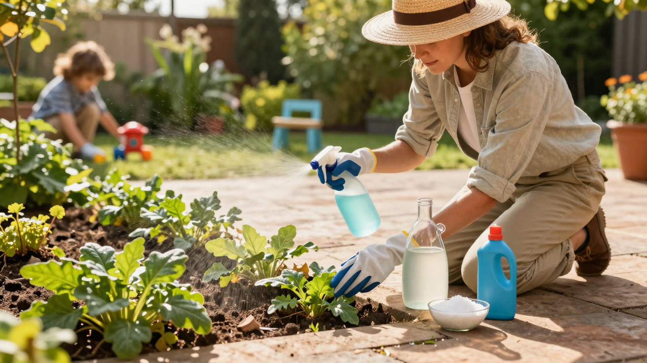 Mulher com chapéu pulveriza plantas em jardim, criança brinca ao fundo em dia ensolarado.