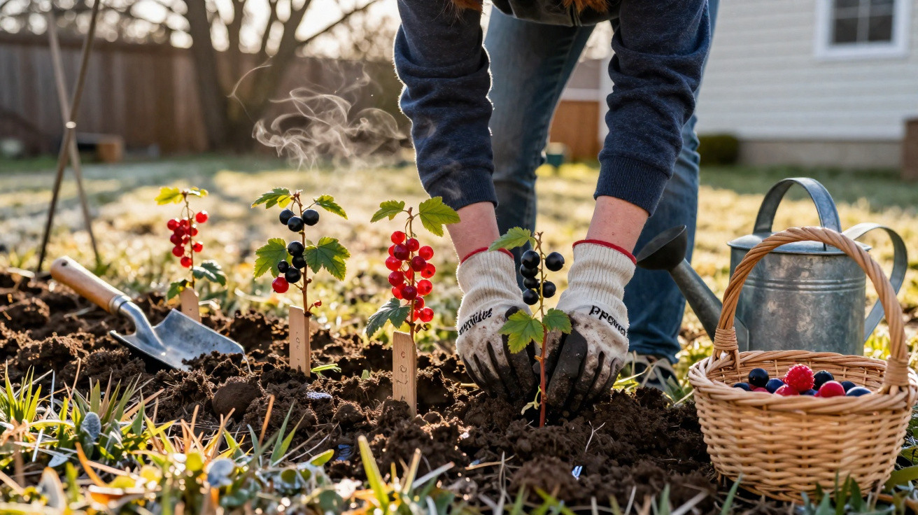 Pessoa plantando mudas de frutas vermelhas em canteiro, com regador e cesta de frutas ao lado.
