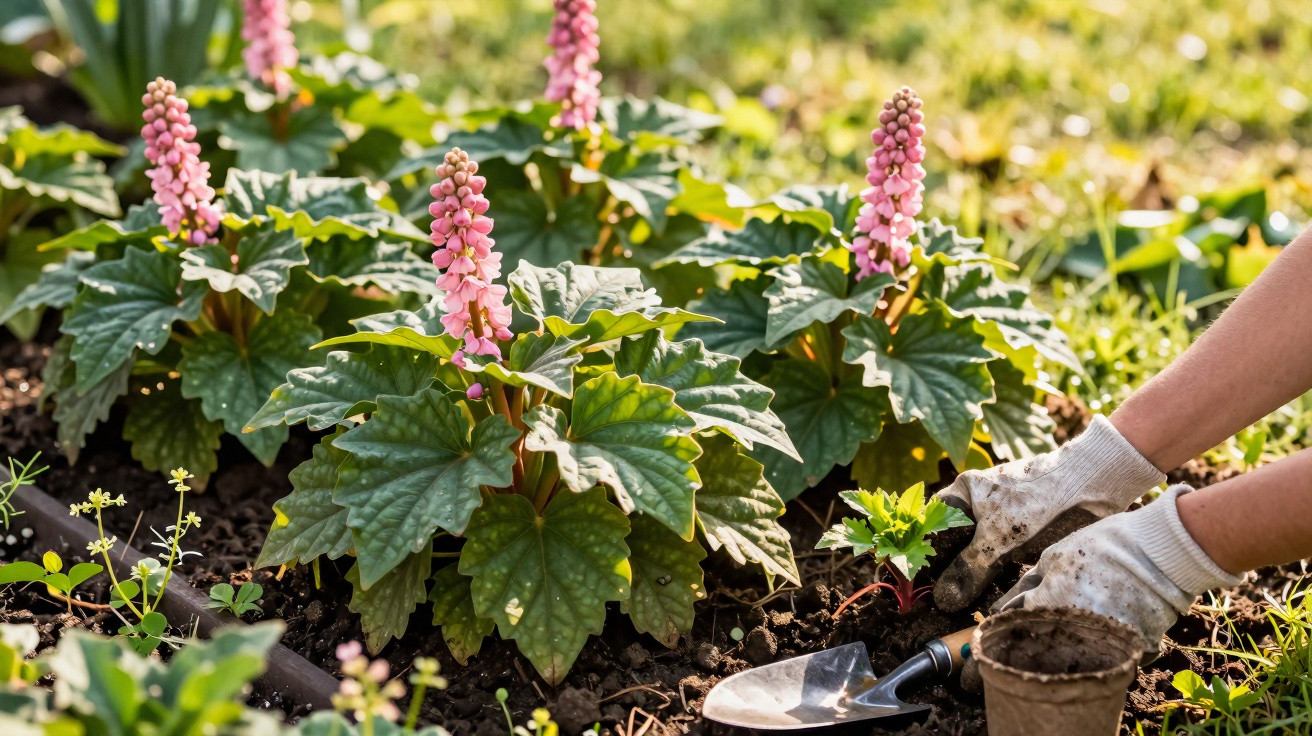 Mãos com luvas plantando muda em jardim com plantas floridas de folhas verdes e flores rosas.