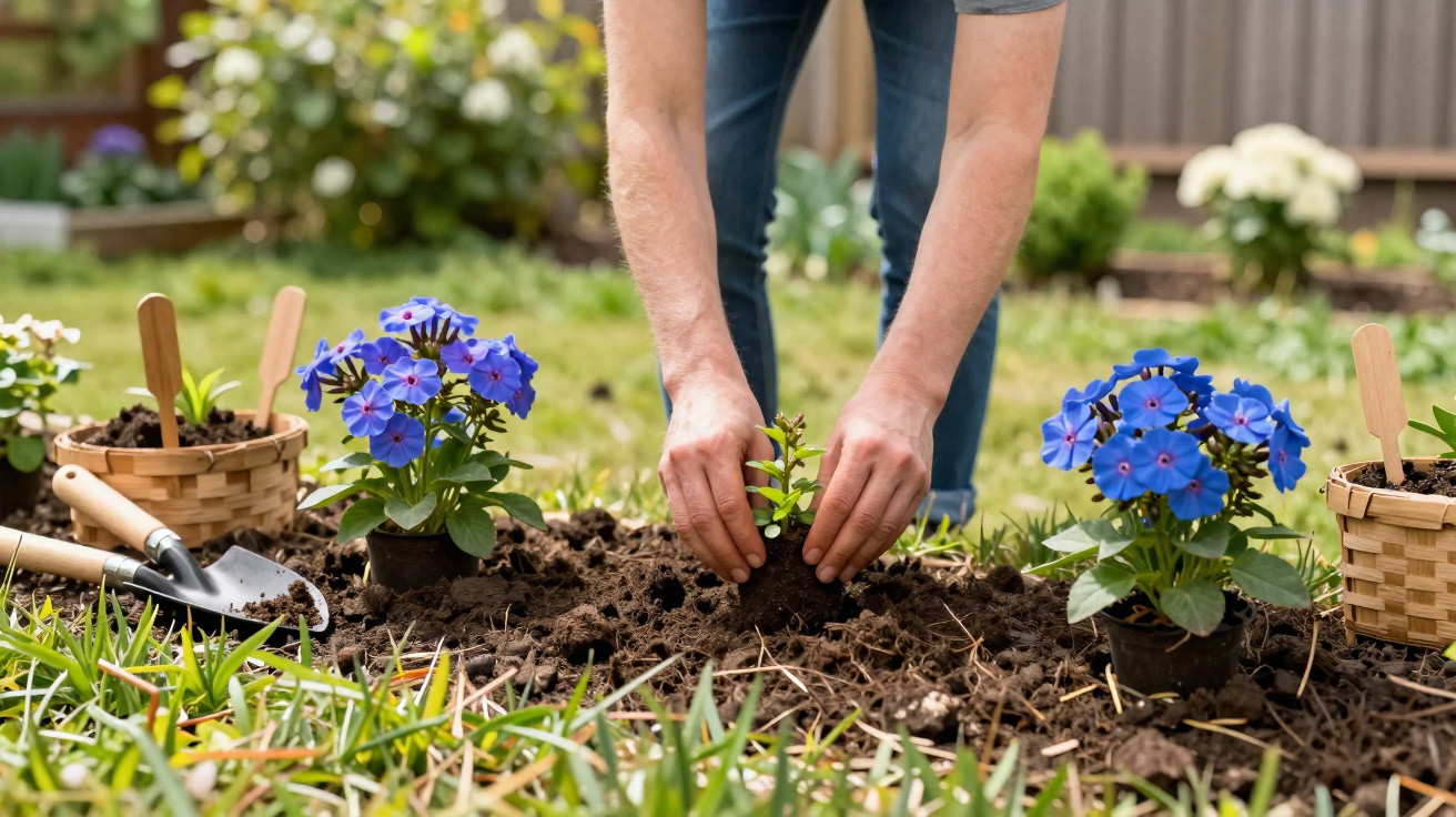 Pessoa plantando muda no jardim cercado por flores azuis e ferramentas de jardinagem.