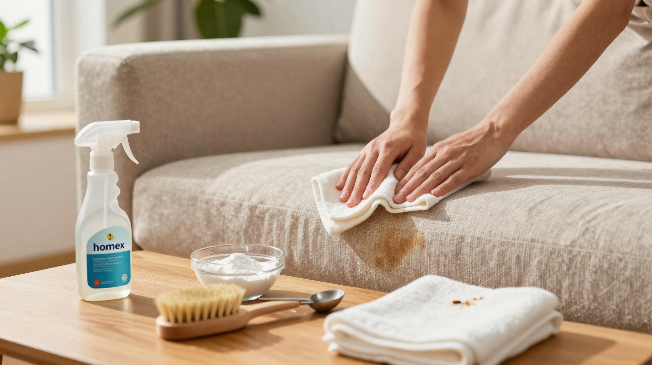 Pessoa limpando mancha no sofá bege com pano branco e produtos de limpeza sobre a mesa de madeira.