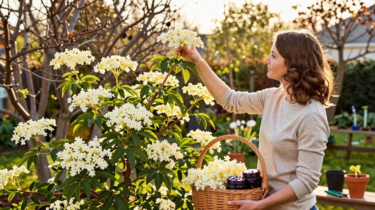 Mulher colhendo flores brancas em arbusto com cesta cheia de flores em jardim ao entardecer.
