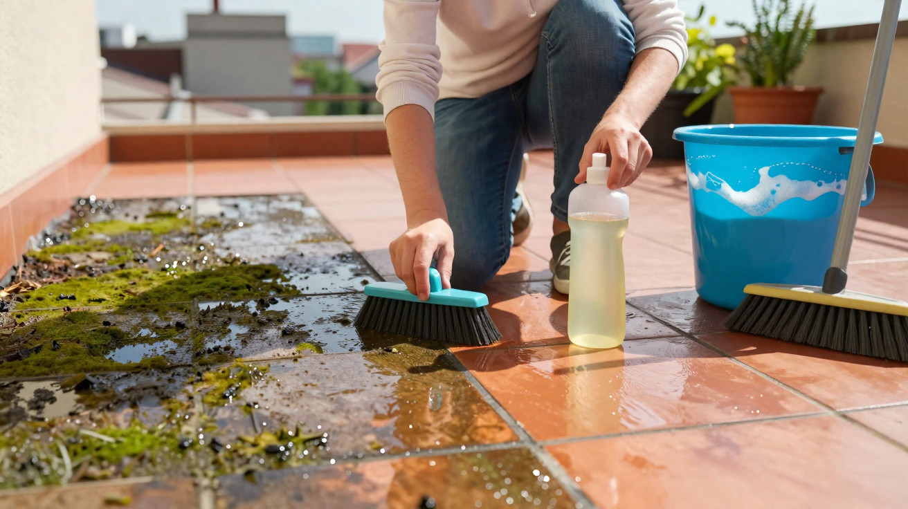 Pessoa limpando piso de cerâmica com escova e detergente, removendo sujeira e musgo em área externa.
