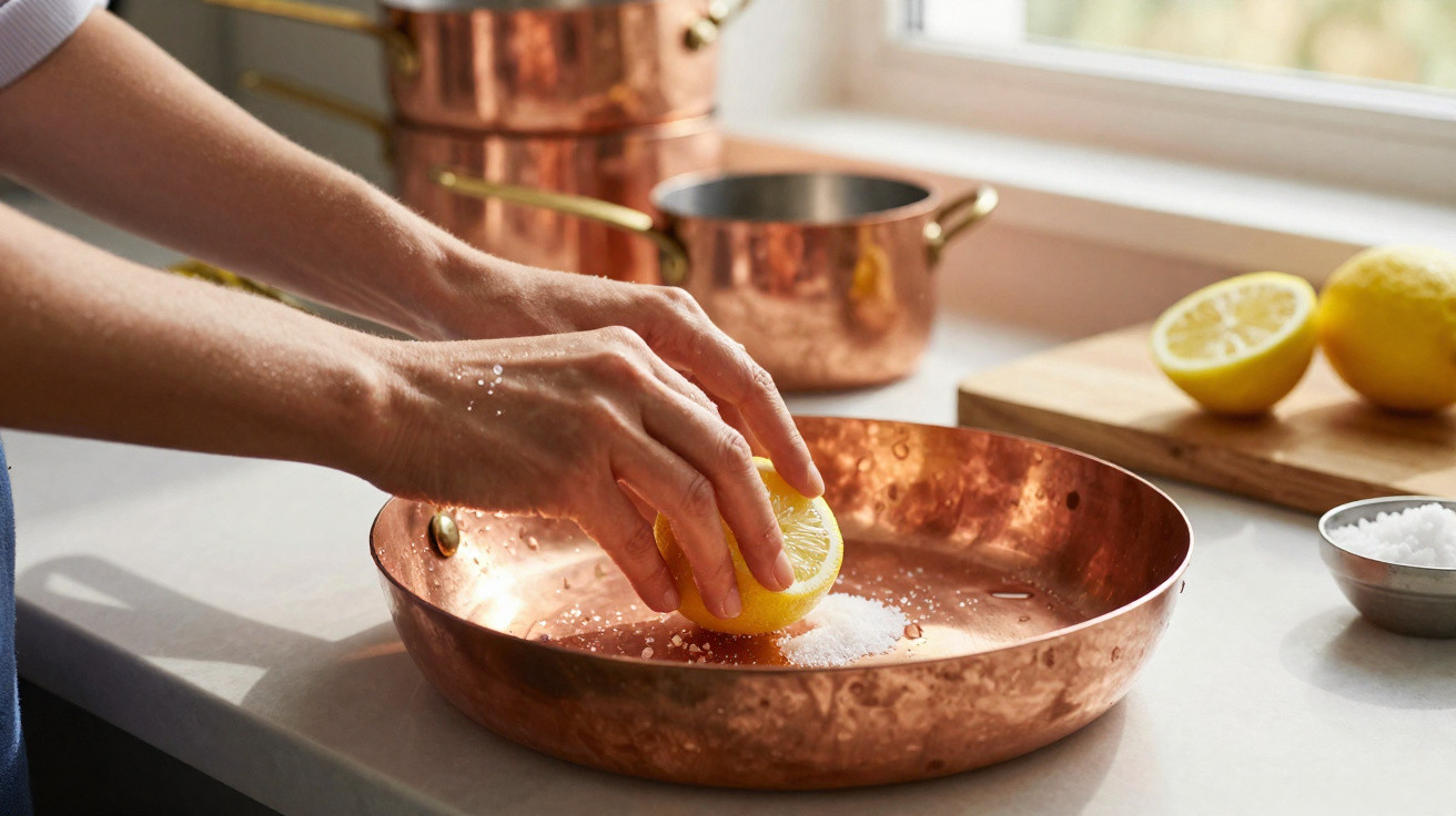Mãos espremendo limão em frigideira de cobre com sal, frutas e panela ao fundo numa cozinha iluminada.