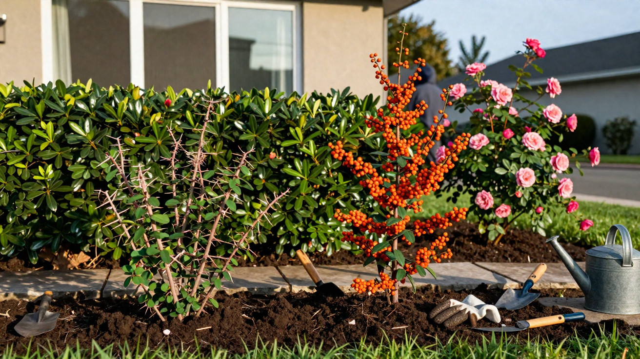 Jardim com arbustos, flores rosas, ferramentas de jardinagem e regador ao lado de casa residencial.