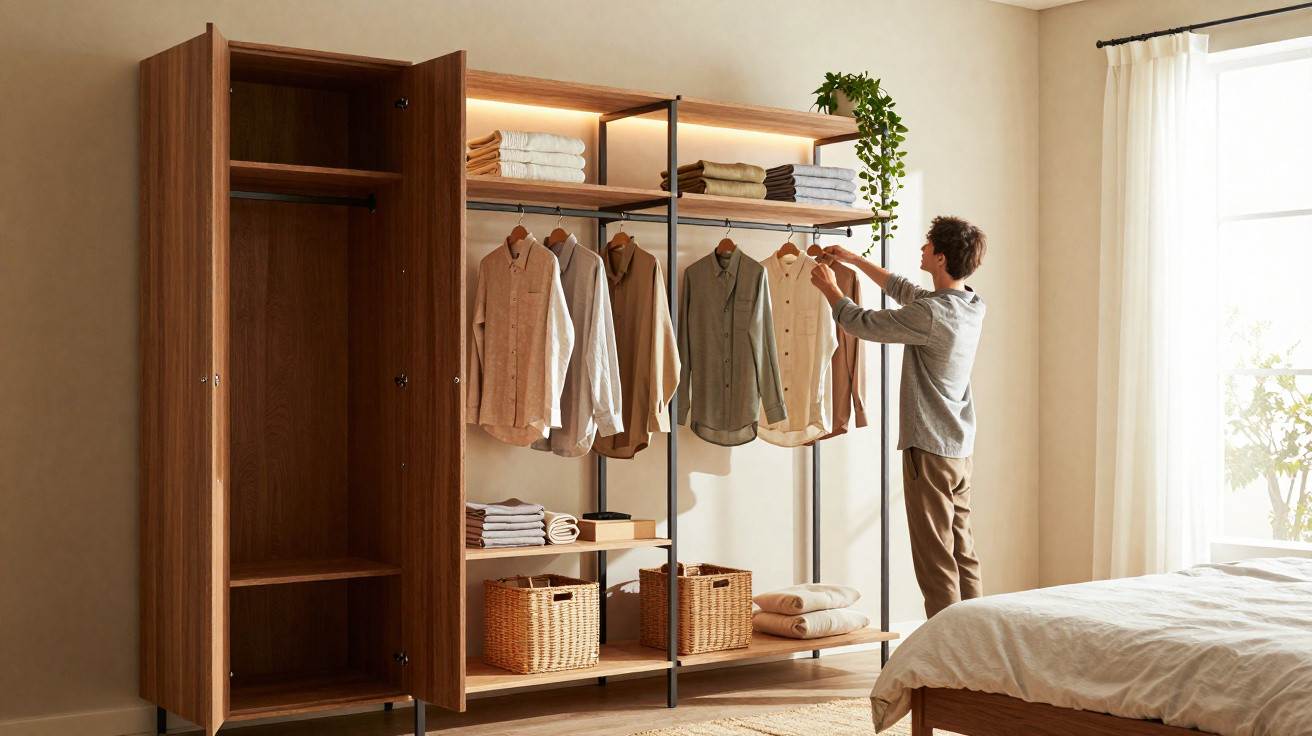 Homem organizando camisas em cabideiro de madeira em quarto com iluminação natural e cama ao lado.