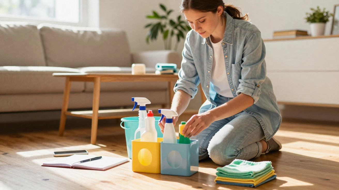 Mulher ajoelhada organizando produtos de limpeza no chão de sala iluminada, com sofá e mesa ao fundo.