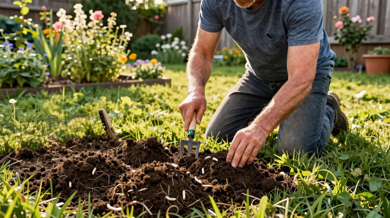 Homem agachado em jardim preparando solo para plantar sementes na terra úmida com ferramenta pequena.
