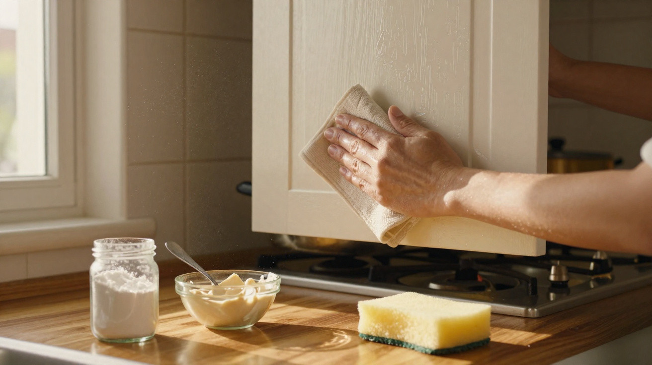 Pessoa limpando porta de armário na cozinha com pano, próximo a esponja, pote com pó branco e tigela com manteiga.