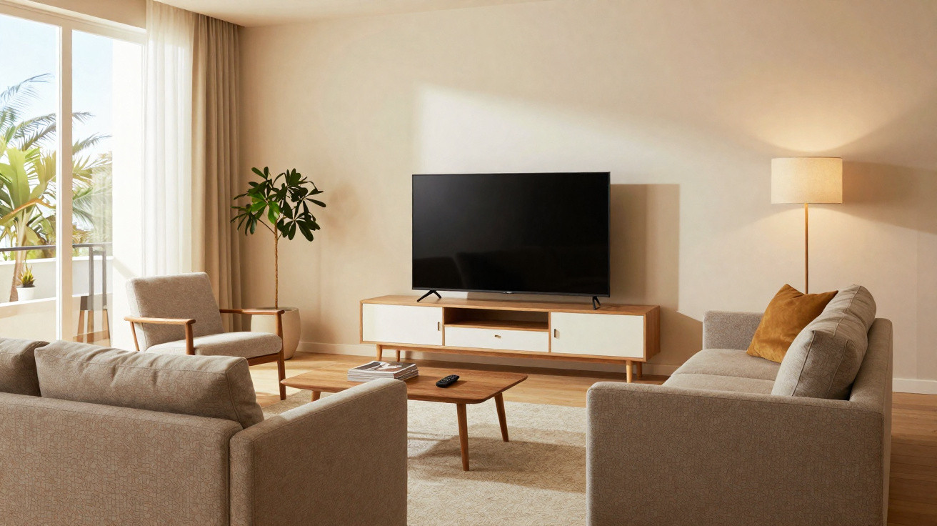 Sala de estar moderna com sofá cinza, poltrona, TV em rack branco, mesa de centro e planta ao lado da janela.