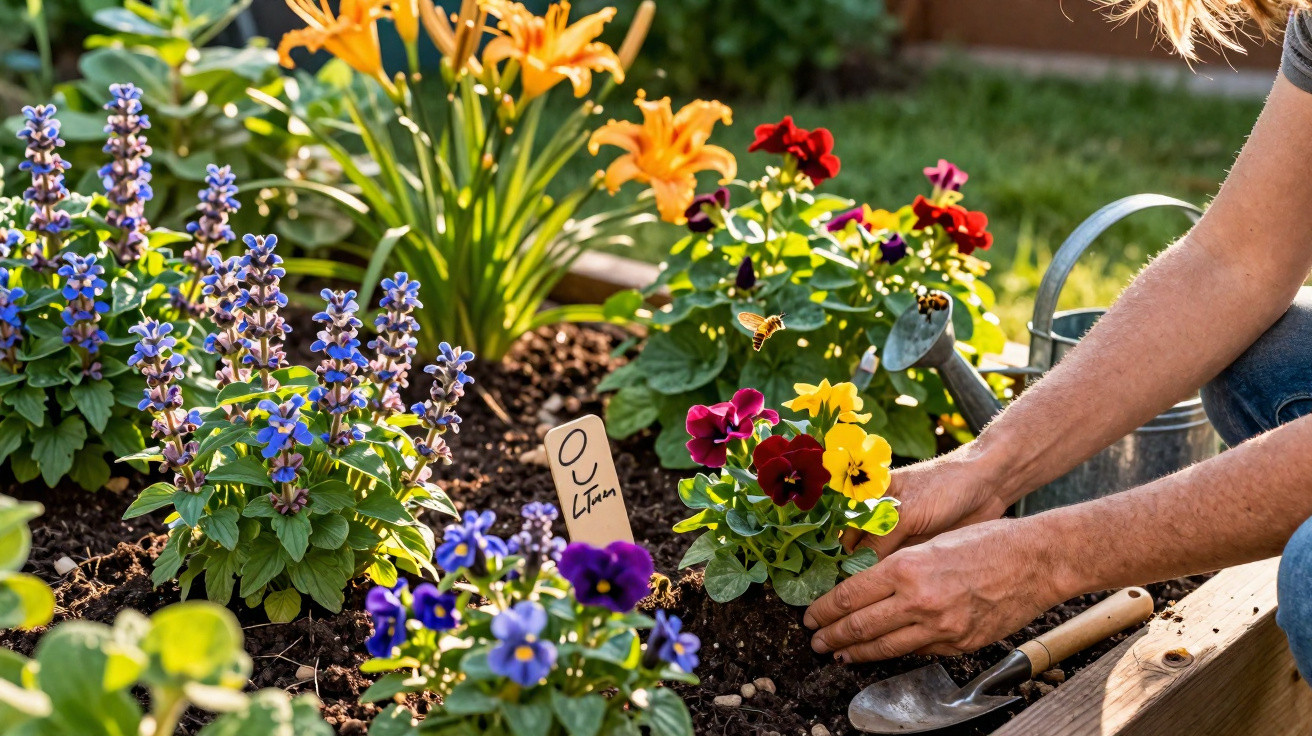 Pessoa plantando flores coloridas em um jardim com regador e ferramentas ao redor.
