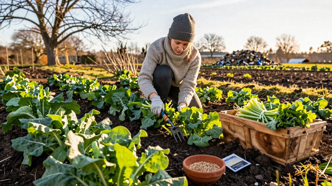 Mulher com roupa de inverno colhendo verduras em horta ao ar livre durante o dia.