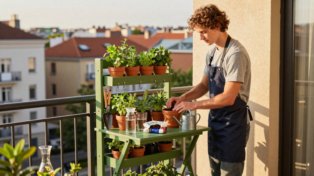Jovem cuidando de plantas em vasos em estante verde sob luz do sol em varanda de apartamento.