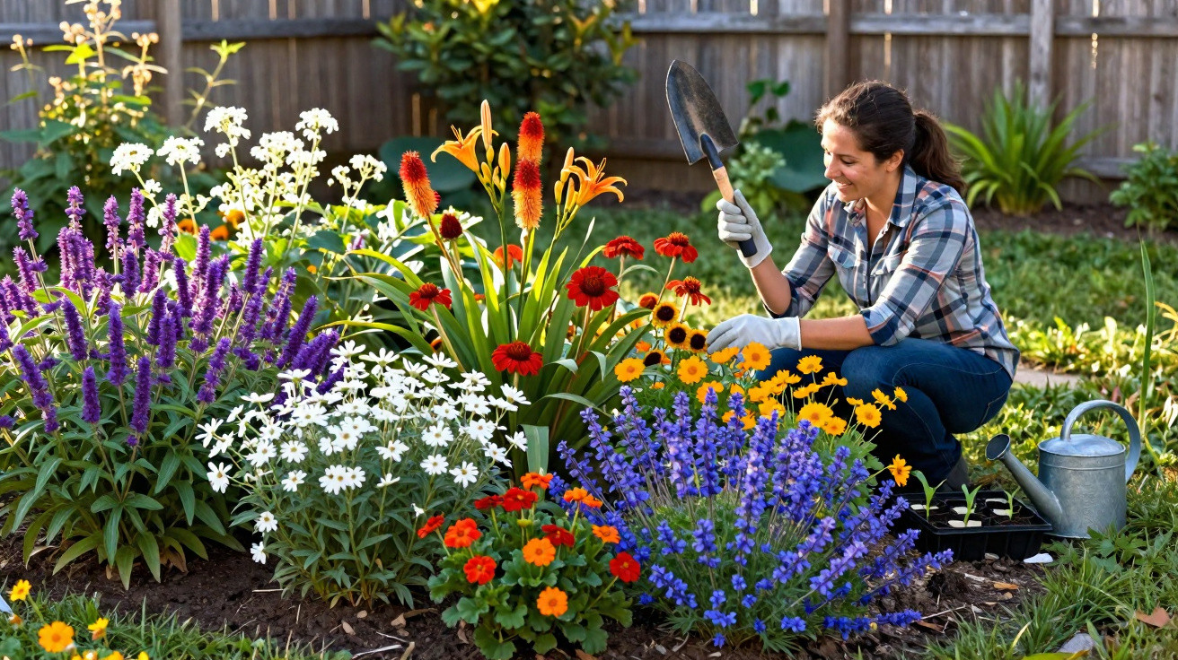 Mulher sorrindo com pá em mãos, cuidando de flores coloridas em jardim ensolarado.