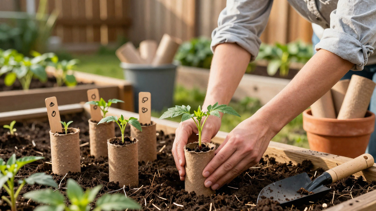 Mãos plantando mudas em canteiro de terra com pequenas plantas em tubos de papel biodegradável.