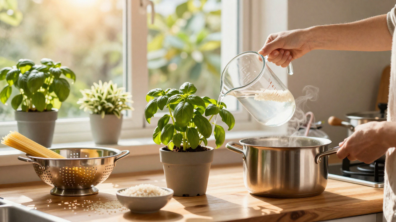 Pessoa despejando água de um medidor em panela com vapor na cozinha iluminada com plantas e alimentos na bancada.