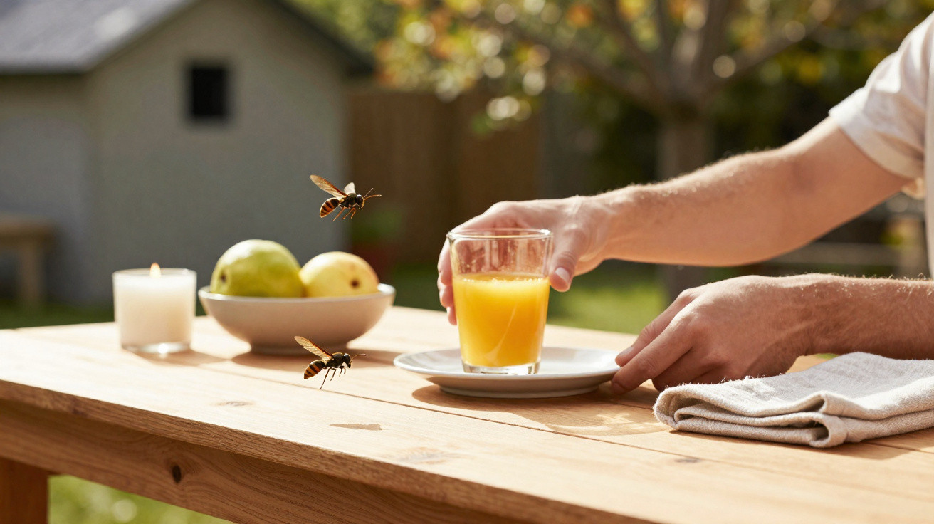Pessoa segurando copo de suco próximo a mesa de madeira com insetos voando ao redor.