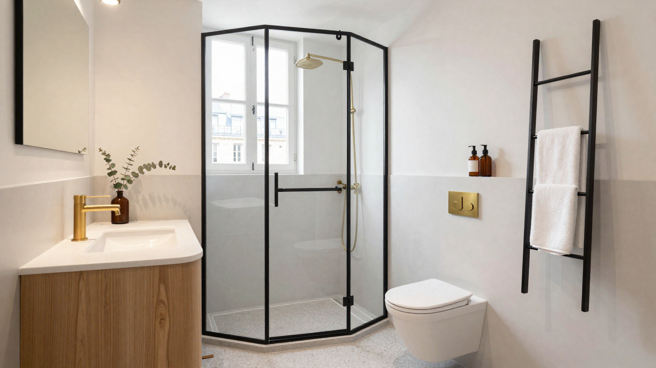 Banheiro moderno com box de vidro preto, vaso sanitário branco, gabinete de madeira e acessórios dourados.