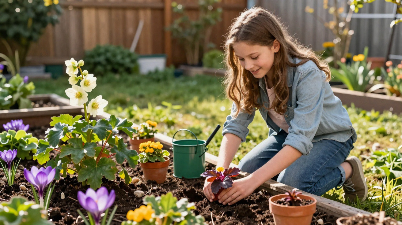 Menina sorridente plantando flores em canteiro de jardim ensolarado com regador verde ao lado.