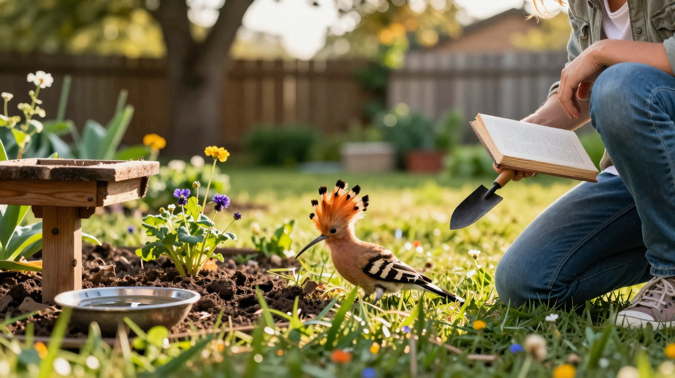 Pessoa agachada no jardim com pá e livro observa pássaro colorido em área gramada com flores.