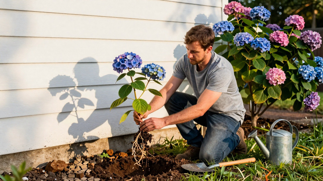 Homem plantando hortênsia azul em jardim, com regador e pá ao lado, perto de parede branca.