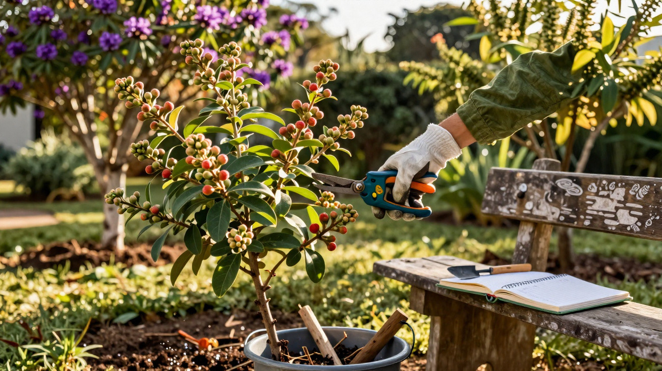 Pessoa com luva branca podando planta com tesoura de jardinagem em vaso no jardim ensolarado.