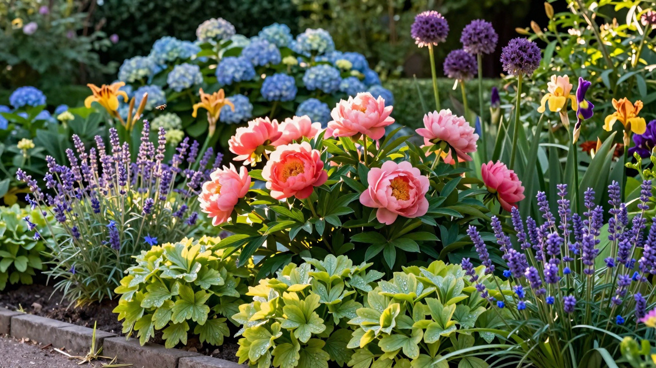Jardim florido com peônias rosas, lavandas roxas, hortênsias azuis e outras flores coloridas.
