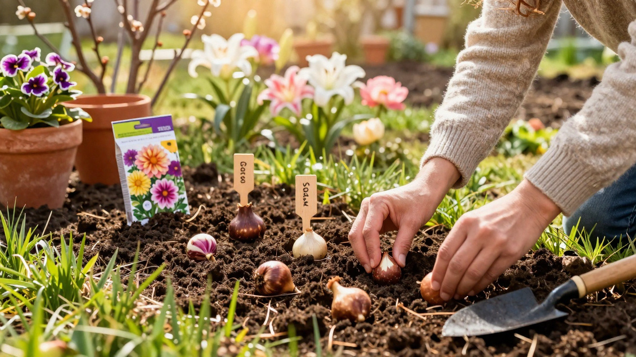 Mãos plantando bulbos de flores no solo de um jardim com flores e ferramentas ao redor.