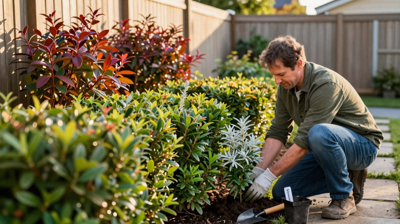 Homem cuidando de plantas em jardim com cerca de madeira ao fundo em dia ensolarado.