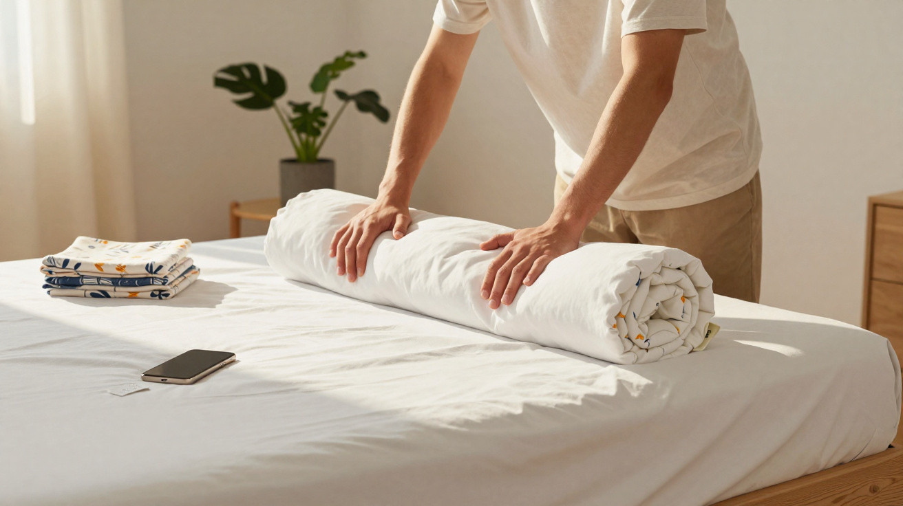 Pessoa enrolando edredom branco sobre cama branca em quarto com plantas e luz natural.