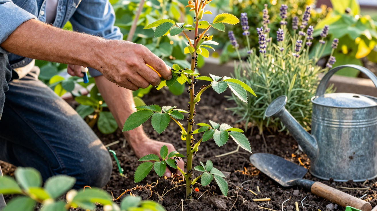 Pessoa cuidando de planta jovem em jardim, ao lado regador metálico e pá de jardinagem na terra.