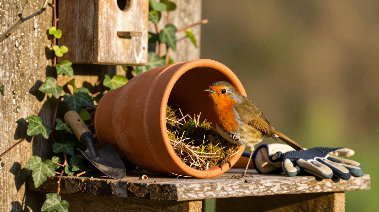 Pássaro com peito laranja próximo a vaso de barro, pá e luvas de jardinagem sobre prateleira de madeira.