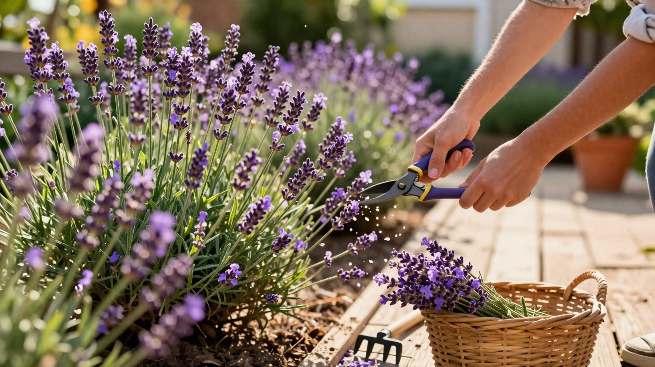 Pessoa colhendo flores de lavanda em jardim com tesoura de poda e cesta de vime ao lado.