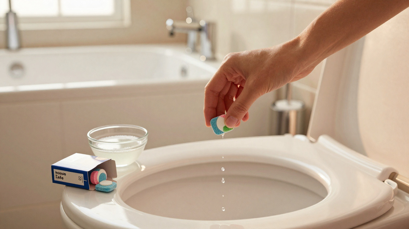 Mão segurando pastilha efervescente sobre vaso sanitário, gotas caindo, embalagem e tigela com líquido ao lado.