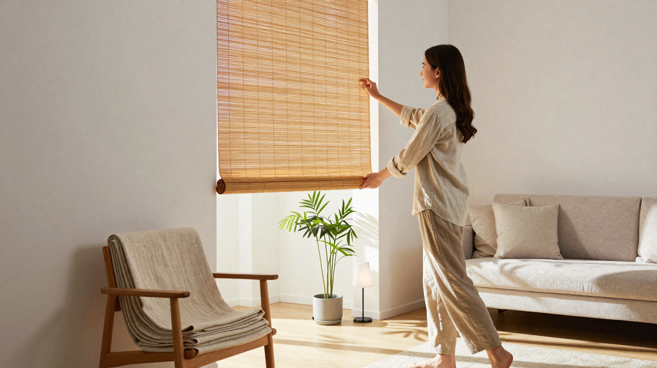 Mulher abrindo persiana de bambu em sala clara com poltrona, sofá e planta decorativa.