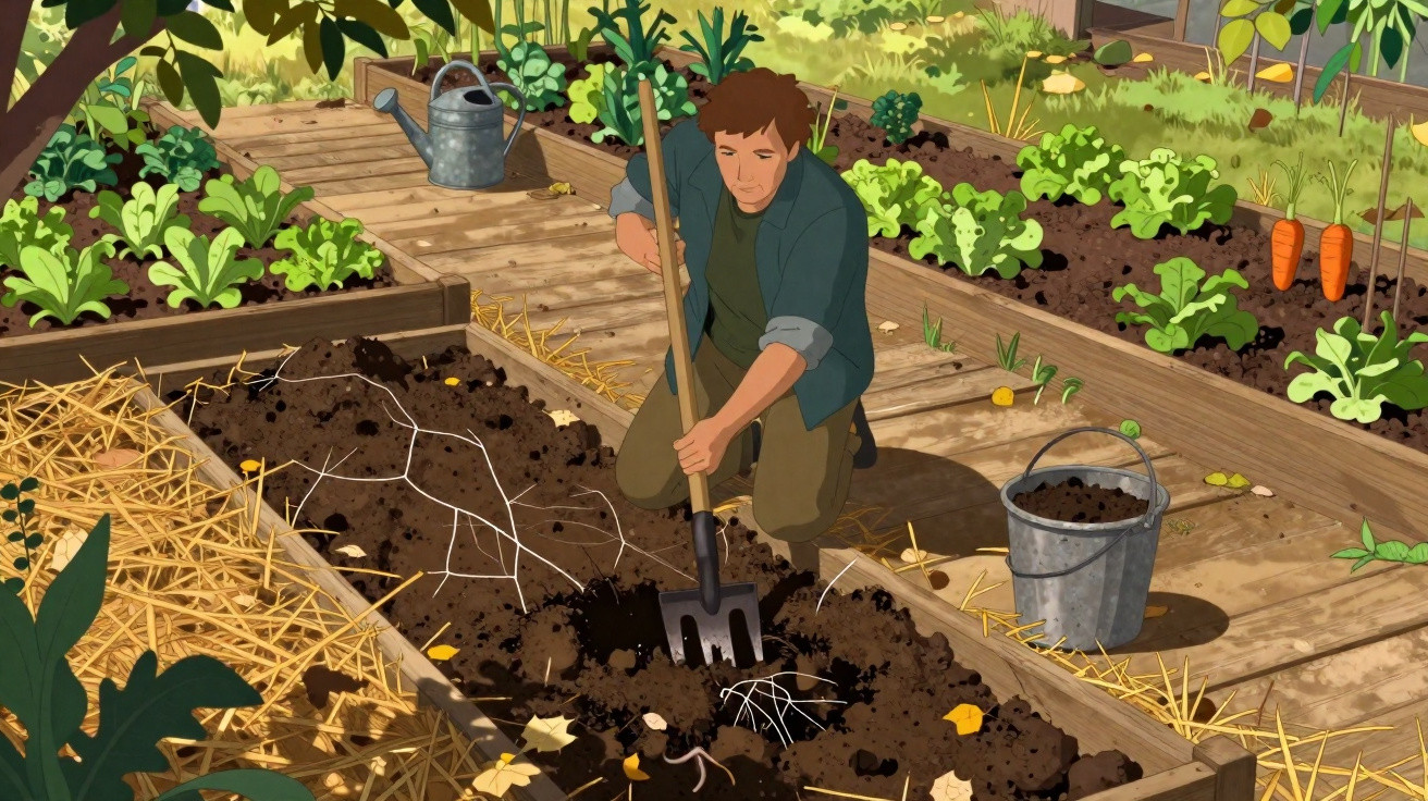 Homem jardineiro usando ferramenta para preparar solo em canteiro com legumes e regador ao fundo.