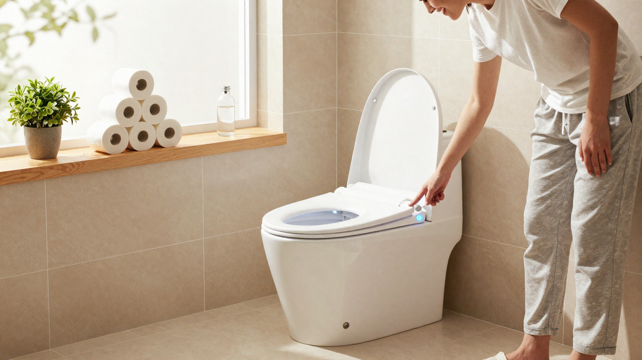 Pessoa usando botão de controle em vaso sanitário inteligente em banheiro claro com planta e papel higiênico.