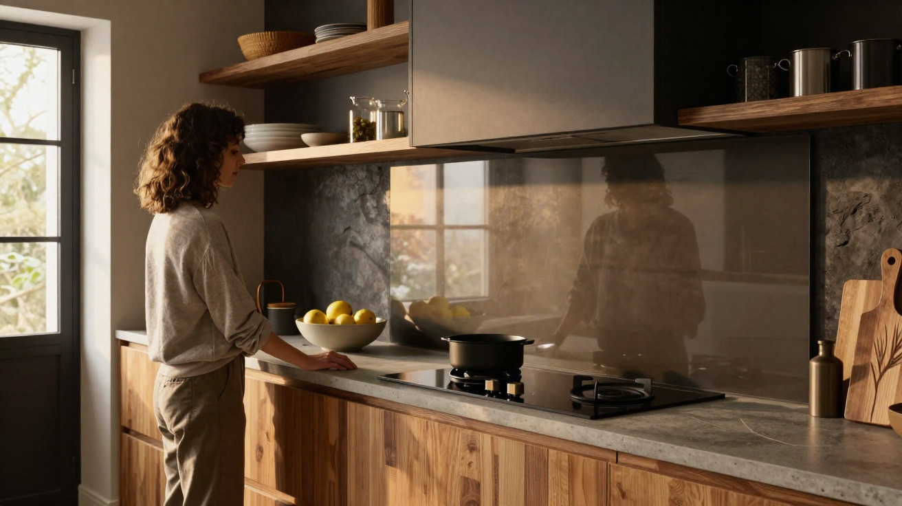 Mulher com cabelo cacheado observando panela no fogão moderno em cozinha com armários de madeira.
