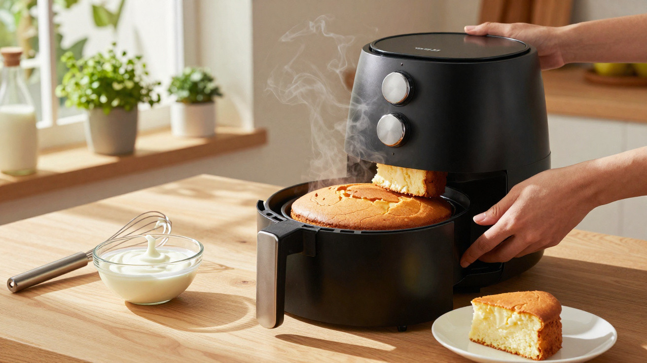 Mãos retirando bolo quente e fumegante de fritadeira elétrica preta sobre mesa de madeira clara.