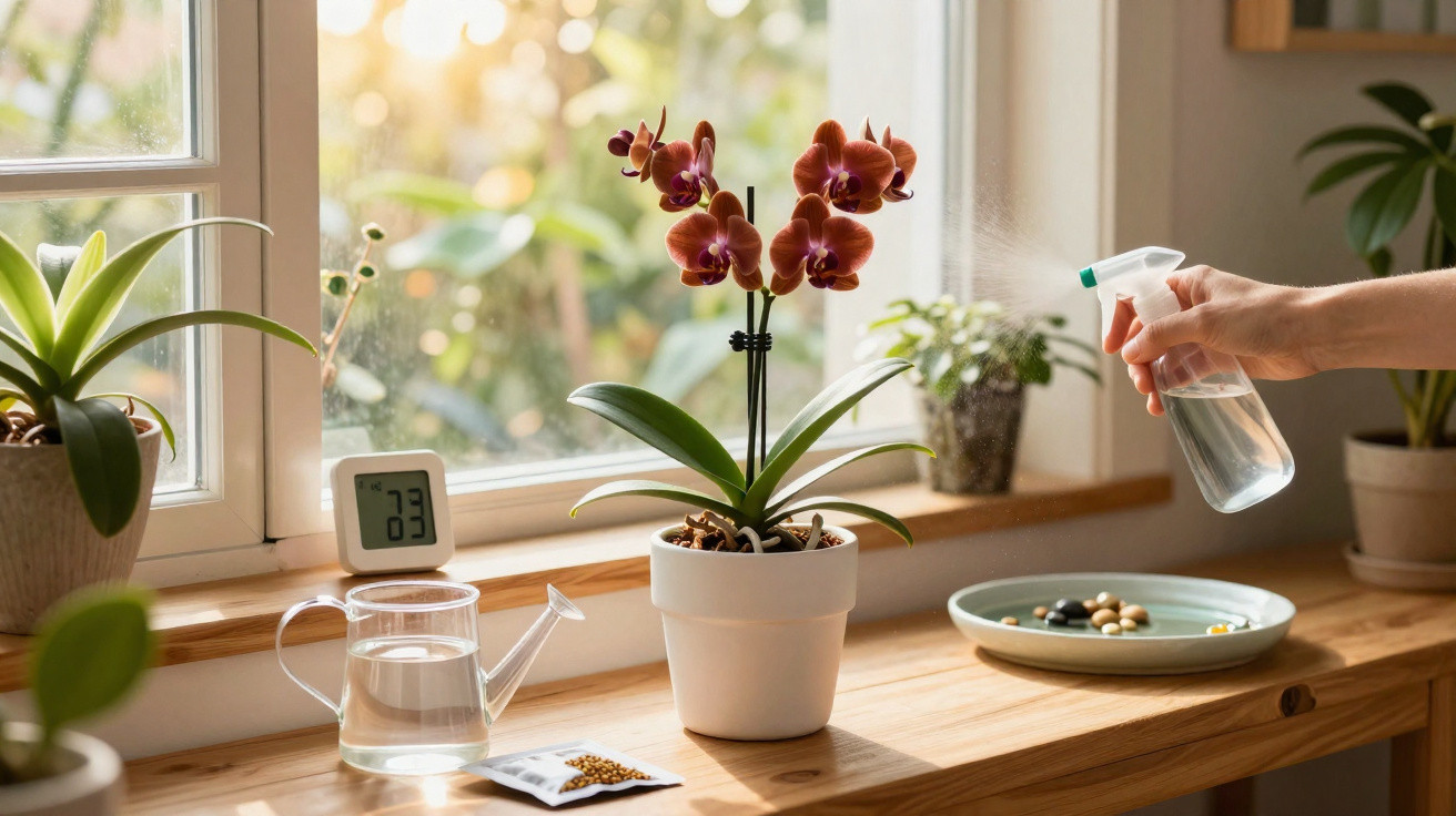 Mão borrifando água em orquídea roxa em vaso branco ao lado de regador e termômetro em parapeito iluminado.