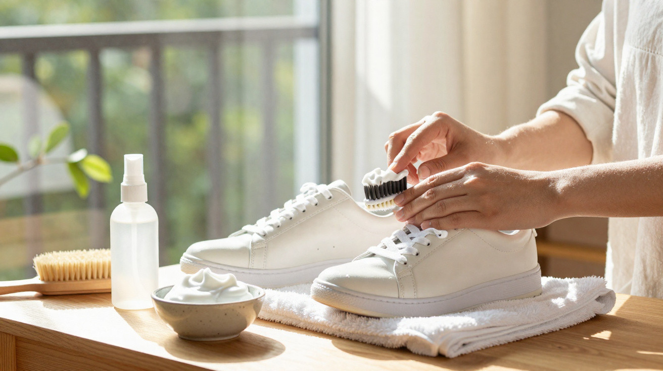 Pessoa limpando tênis branco com escova e creme em ambiente iluminado com luz natural