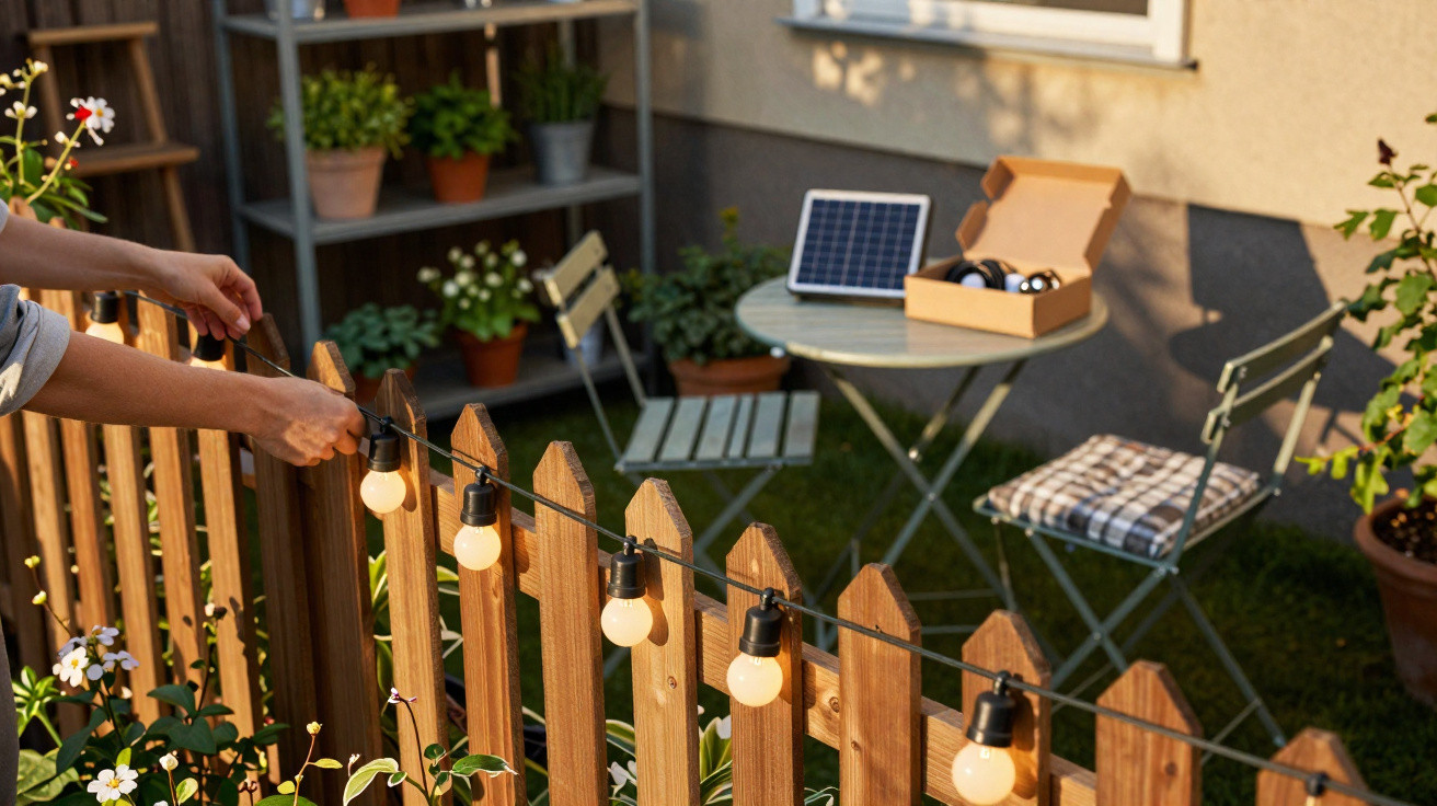 Pessoa pendura luzes solares em cerca de madeira em jardim com mesa, cadeiras e plantas ao fundo.