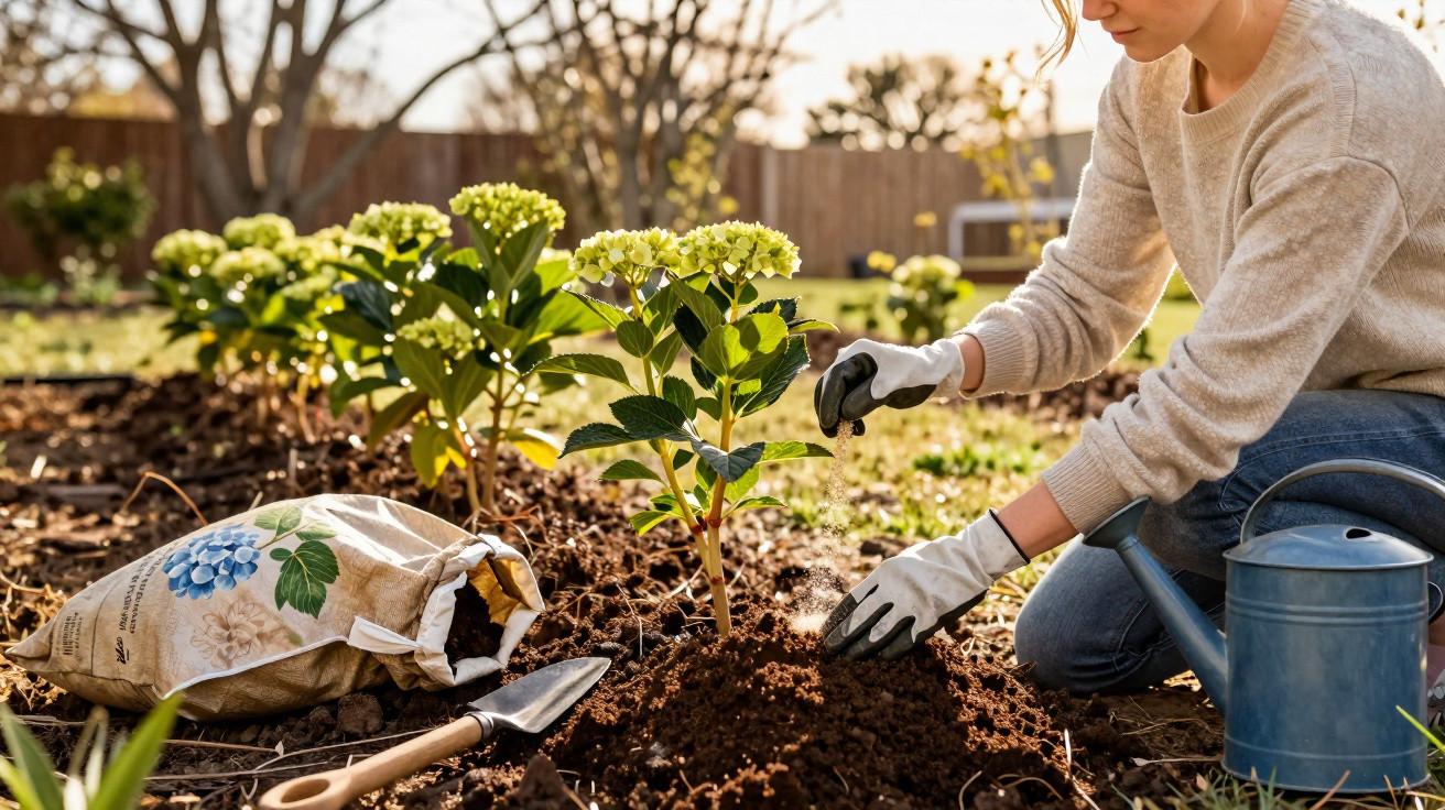 Pessoa com luvas plantando hortênsia em jardim, com regador, pá e saco de adubo ao lado.