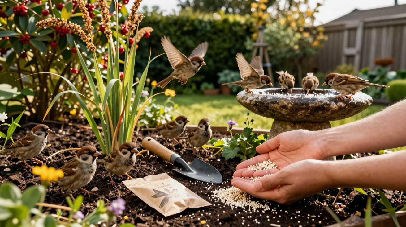 Mãos alimentando passarinhos no jardim com plantas e utensílios de jardinagem ao fundo.