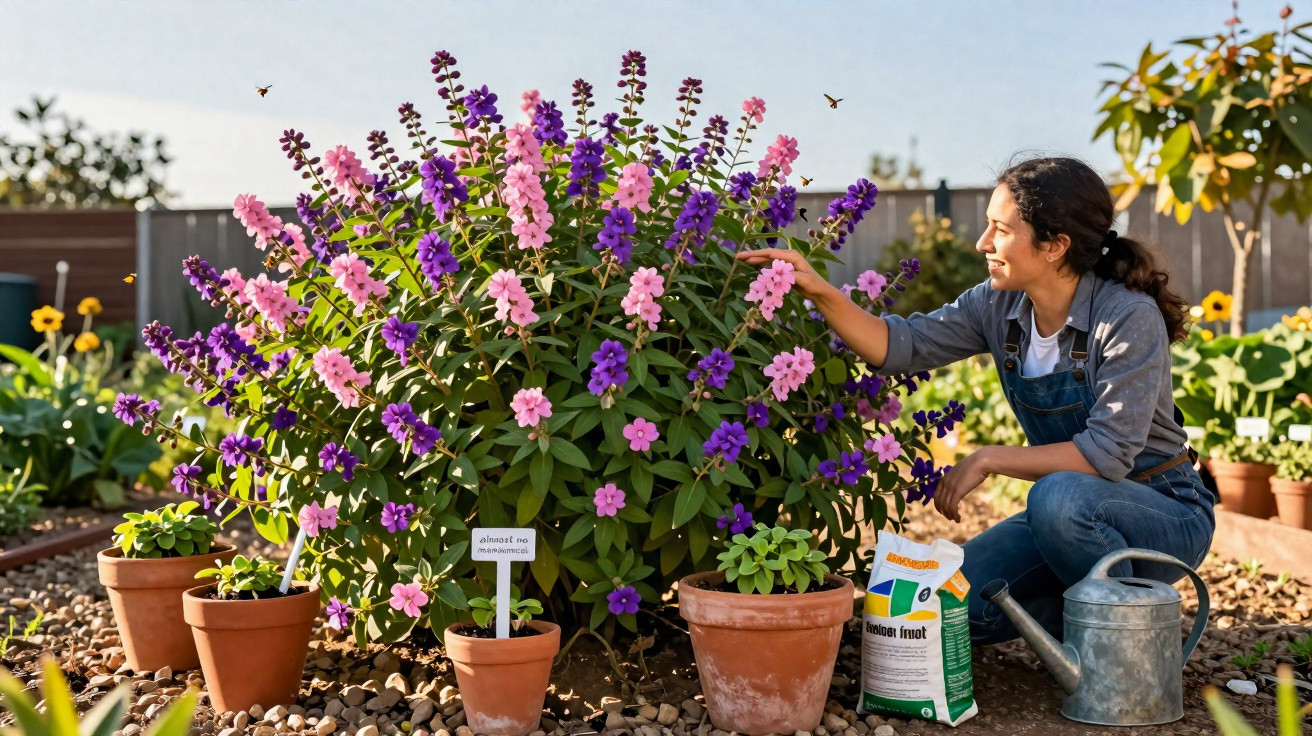 Mulher cuidando de flores roxas e rosas em jardim com regador e vaso de planta ao lado.